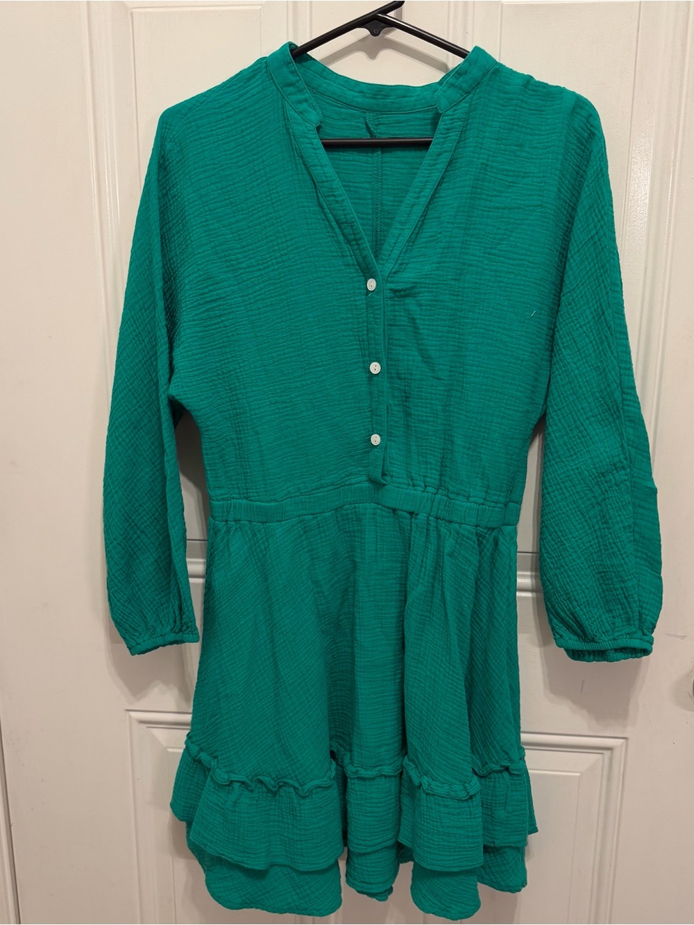 Women's Teal Ruffle Hem Long Sleeve Dress